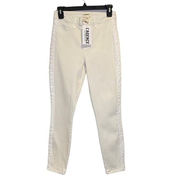 NWT L'AGENCE‎ Margot Skinny High Rise VELVET TUXEDO STRIPE Antique White Size 26 - Picture 2 of 11